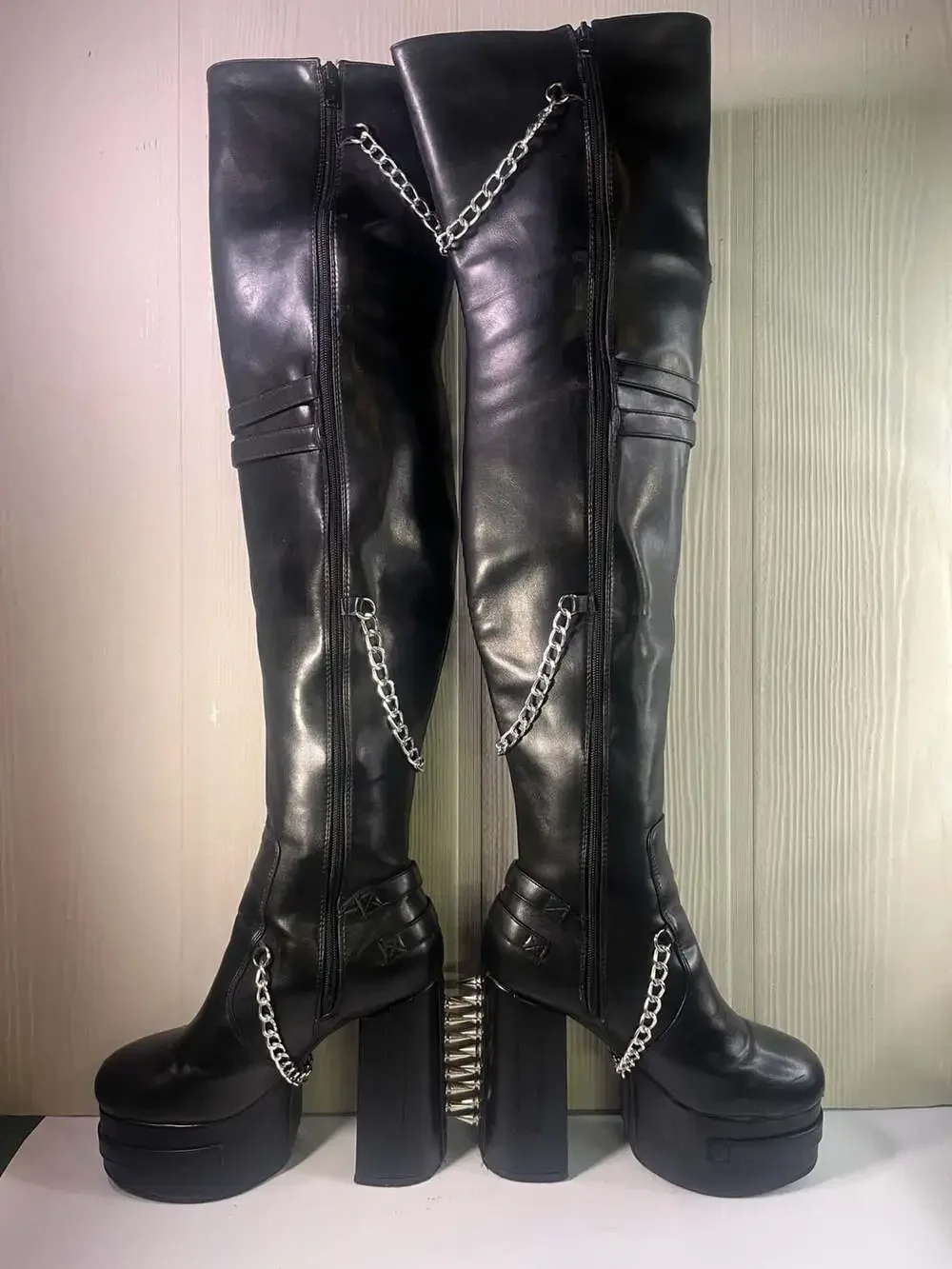 Lamoda Scream Platform Thigh High Boots with Chains and Studs